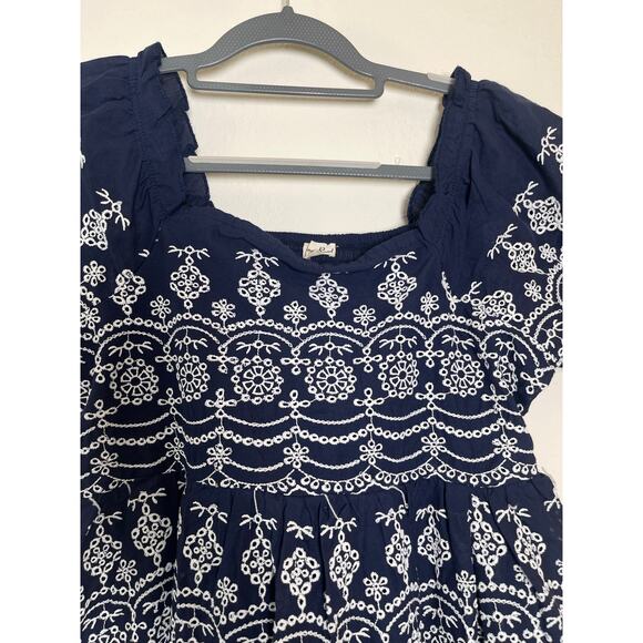 NWT Kings Road Women's Embroidered Eyelet Raw Hem Mini Babydoll Dress Blue S Y2K - Picture 7 of 12